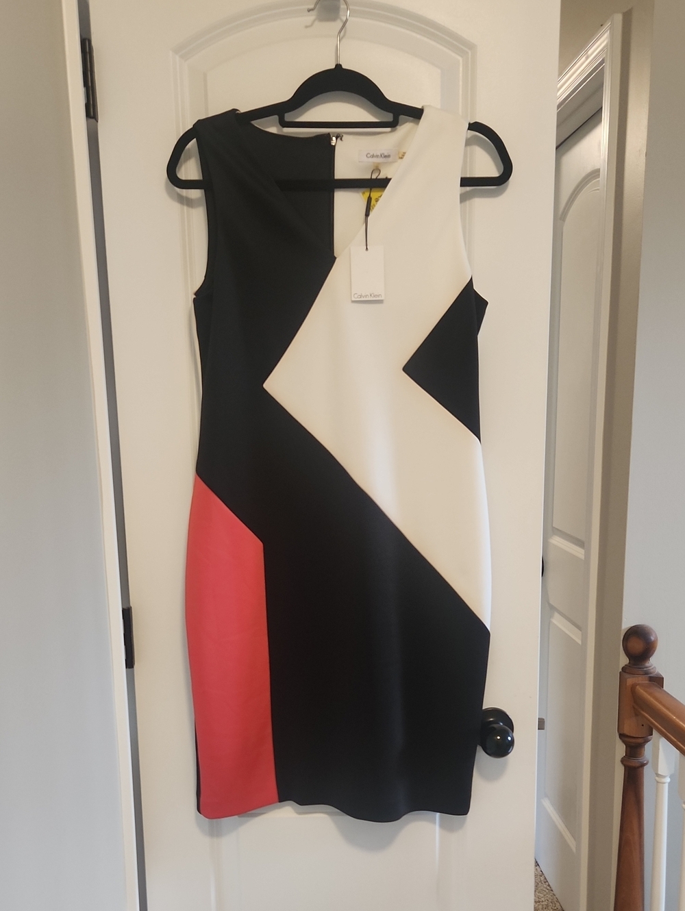 Calvin Klein Black White Red Colorblock Midi Sheath Dress NWT